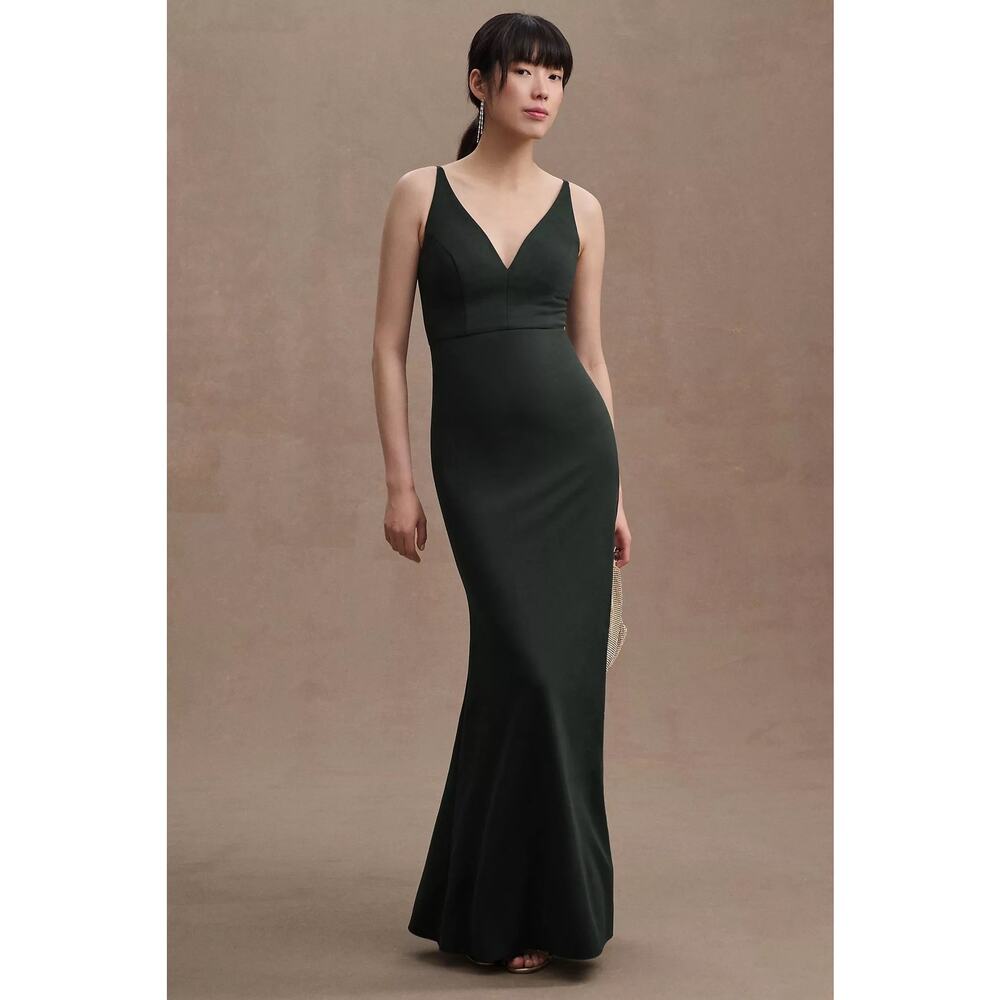 BHLDN Tatum V-Neck Stretch Crepe Gown Dark Green Size 12 NWT